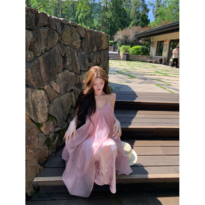 Real Shot of New Chinese Style Halterneck Dress for Women Summer Long Tulle Tencel Jacquard Long Skirt Chinese Style Skirt