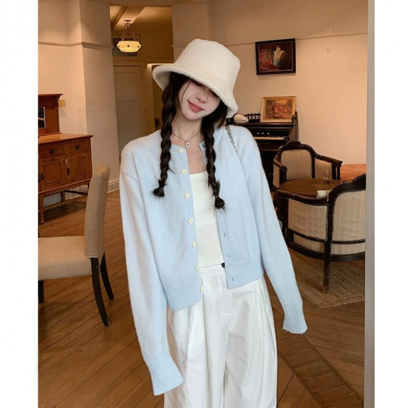 Early Autumn Blue Cardigan 2025 Spring and Autumn New Design Sense Knitted Sweater Soft Waxy Top Sweater New Jacket for Women