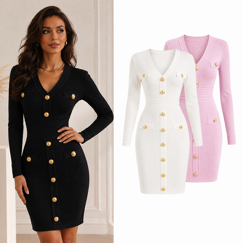 V-neck gold button knitted bodycon mini dress for women, waist-cinching, sexy party dress V-neck gold button knitted bodycon mini dress for women, waist-cinching, sexy party dress