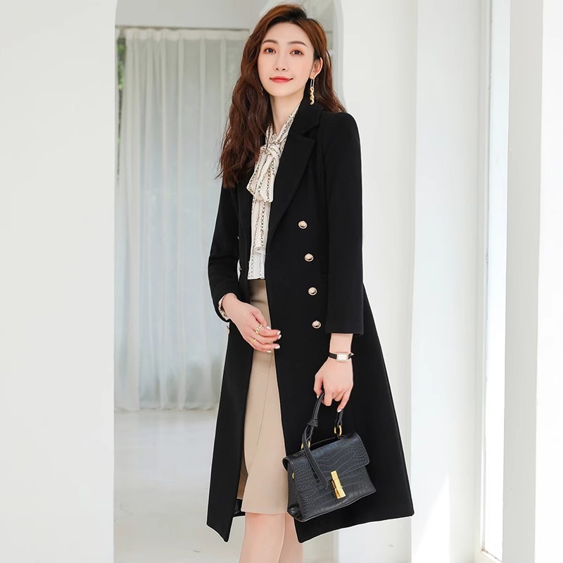 2023 new professional suit wool coat female winter temperament French retro mid-length black waist jacket