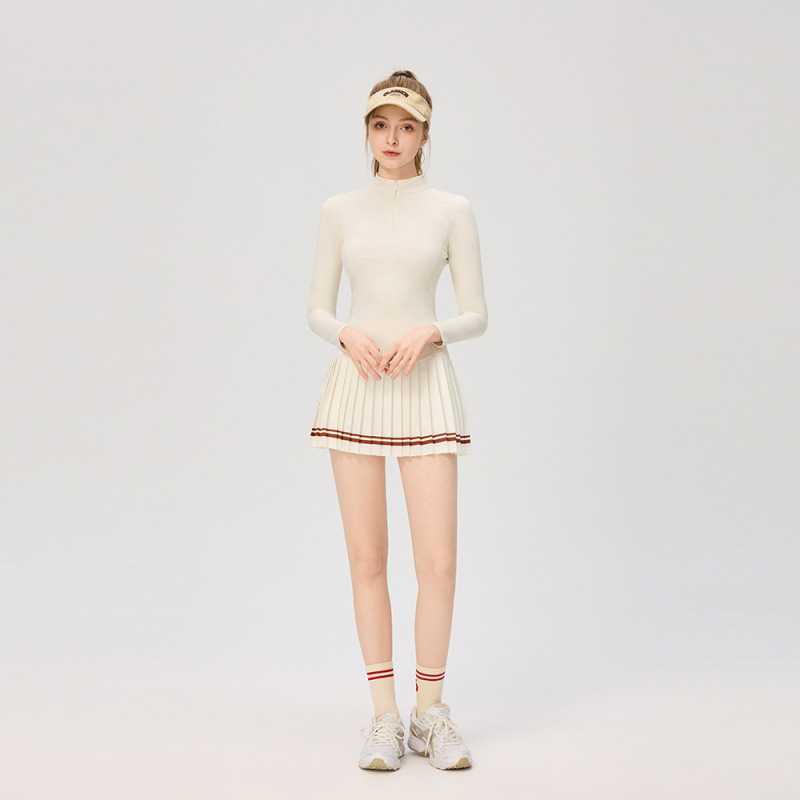 Tenis delgado, falda de bolsillo, plegado deportivo alto elástico, falda corta de dos piezas, cremallera de cuello alto, camisa deportiva de manga larga, mujer