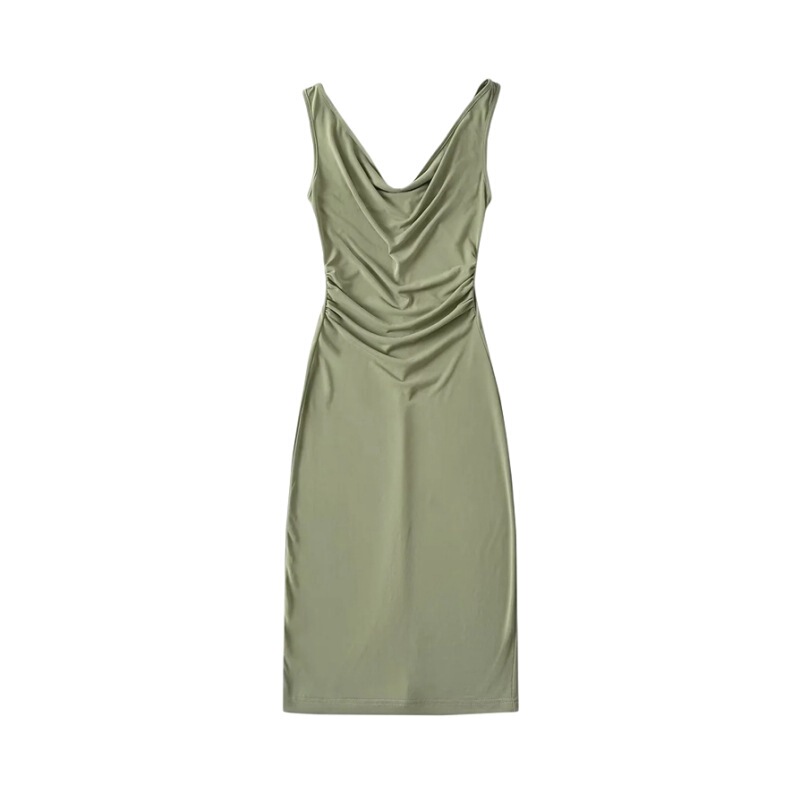 European and American Sexy Swing Collar Sleeveless Vest Dress Women's Outer Wear Pleated Slim-Fit Stretch Hip Mid-Length Dress for Summer