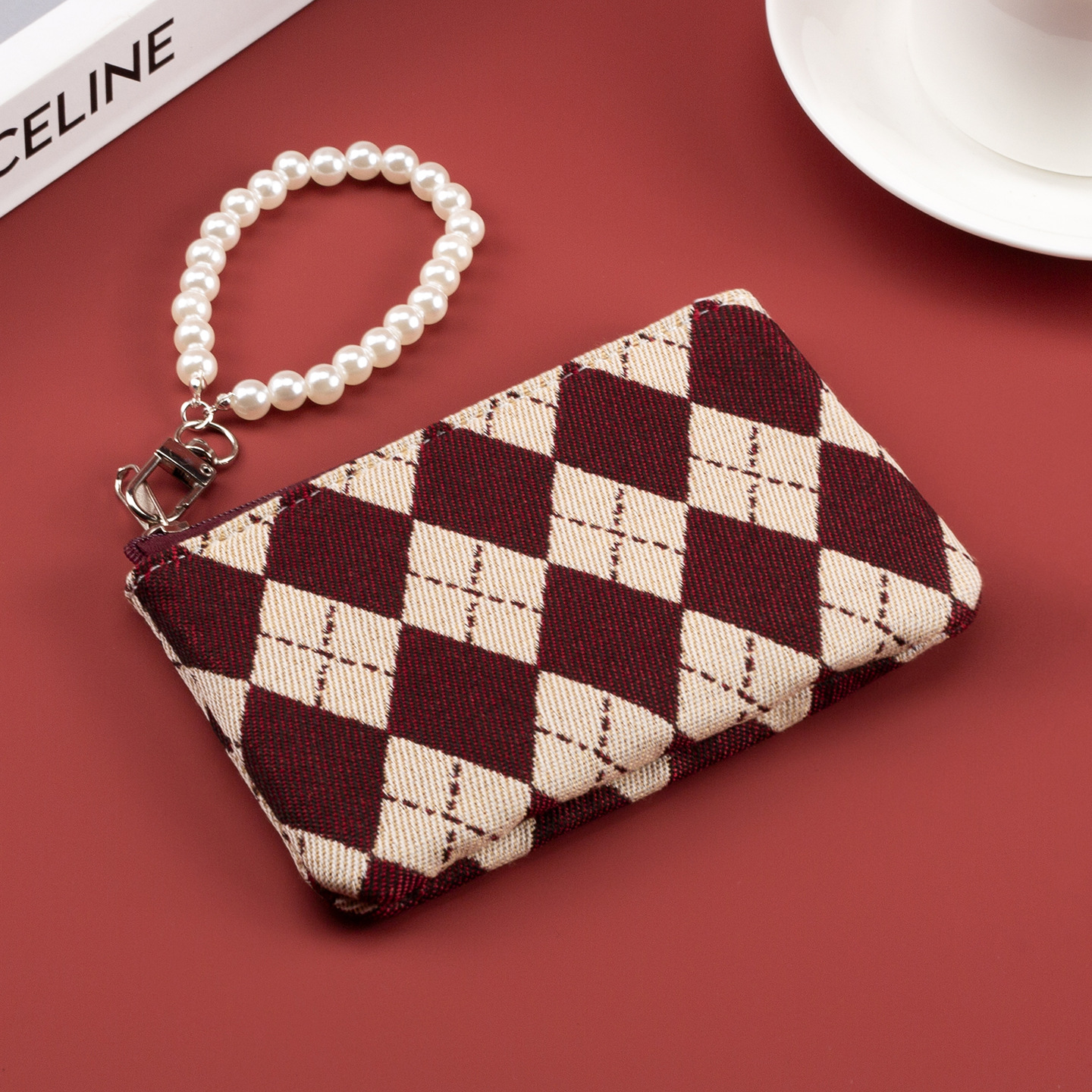 Comercio exterior de alto valor retrógrado bordado de diamante cuadrado bolso de cambio corto bolso de tarjetas compacto bolso de llaves portátil ligero