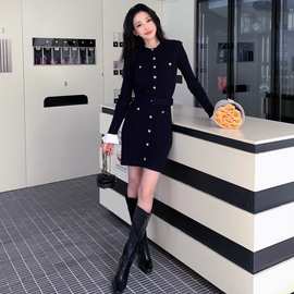 2025年秋冬新款女装藏蓝色千金小香风针织长袖圆领短款包臀连衣裙