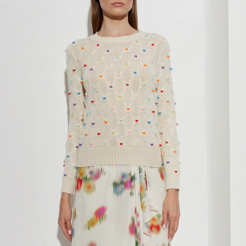 26 autumn and winter new pullover sweater, hand-stitched with beads, white wool sweater, colorful bead embellishments, diamond-patterned, round neckline, women's sweater 26 autumn and winter new pullover sweater, hand-stitched with beads, white wool sweater, colorful bead embellishments, diamond-patterned, round neckline, women's sweater