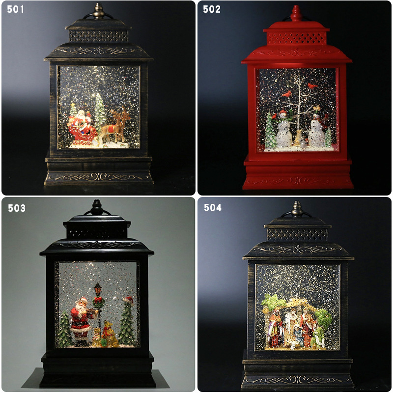 梦幻圣诞飘雪LED发光内景复古扁风灯工艺品手提油灯礼品摆件装饰