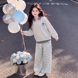 女童春秋季新款假两件拼接上衣格纹阔腿裤长裤休闲风两件套套装潮