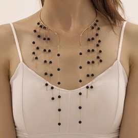 欧美跨境饰品夸张性感长款黑色流苏民族风项圈开口仿珍珠项饰