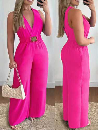 European and American women's V-neck, slanted-pocket solid-color sexy loose-fitting elastic-waist wide-leg pants