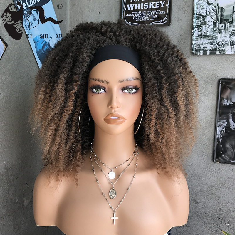 Cross-Border African Wig Caterpillar Afro Chemical Fiber Mechanism Fluffy Short Curly Hair Men and Women Hairband Headgear Wholesale
