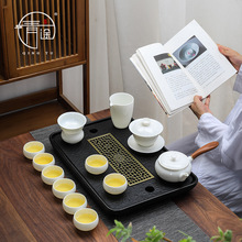 中國白羊脂玉瓷純白側把壺蓋碗中式茶具大套裝13頭家用辦公泡茶器