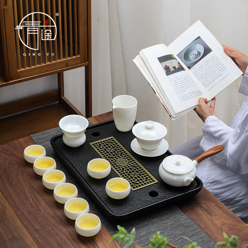 Chinese Alabaster Porcelain Pure White Side Handle Teapot, Bowl Set of 13 Pieces, Home and Office Tea Infuser