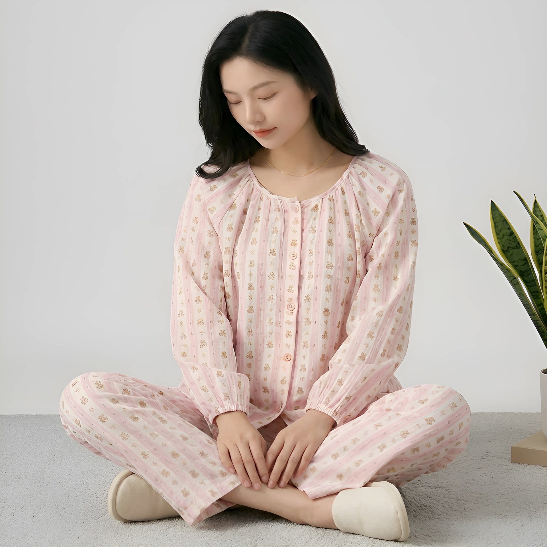 신상 캐릭터 세로 줄무늬 곰돌이 순면 이중 거즈 산후복 봄 가을 임신 후 수