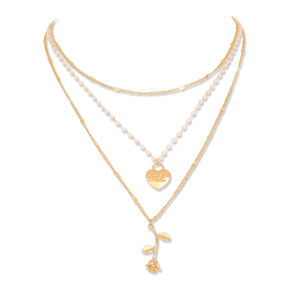 Retro Love Pendant Necklace Rose Imitation Pearl Multilayer Necklace Wholesale display picture 5