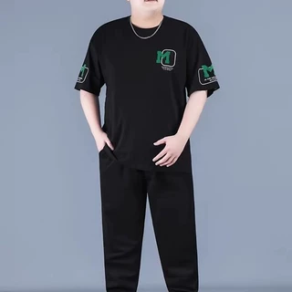 大码男装厂家夏季薄款宽松加肥运动休闲九裤圆领T恤长裤两件套装