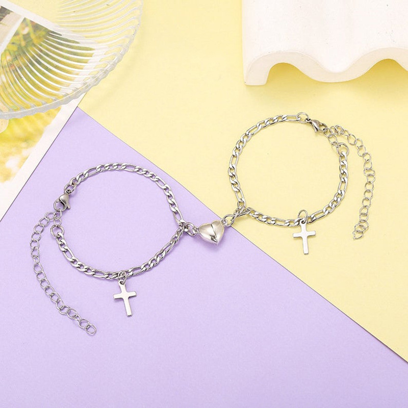 Bracelets Classification School Occasion New Cross Heart-shaped Pendant Simple Heart-shaped Magnet Attracts Alloy Bracelets