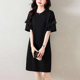 黑色t恤连衣裙女夏胖mm遮肉显瘦休闲宽松设计感赫本风木耳边裙子
