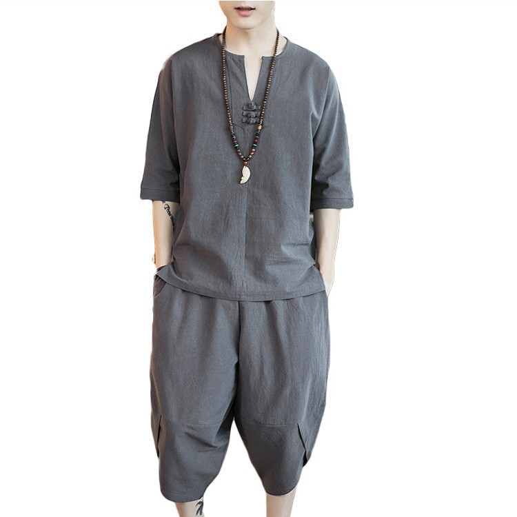 2023 traje casual para hombre estilo chino moda suelta hebilla de disco manga corta camiseta bombachos de dos piezas de algodón y lino al por mayor