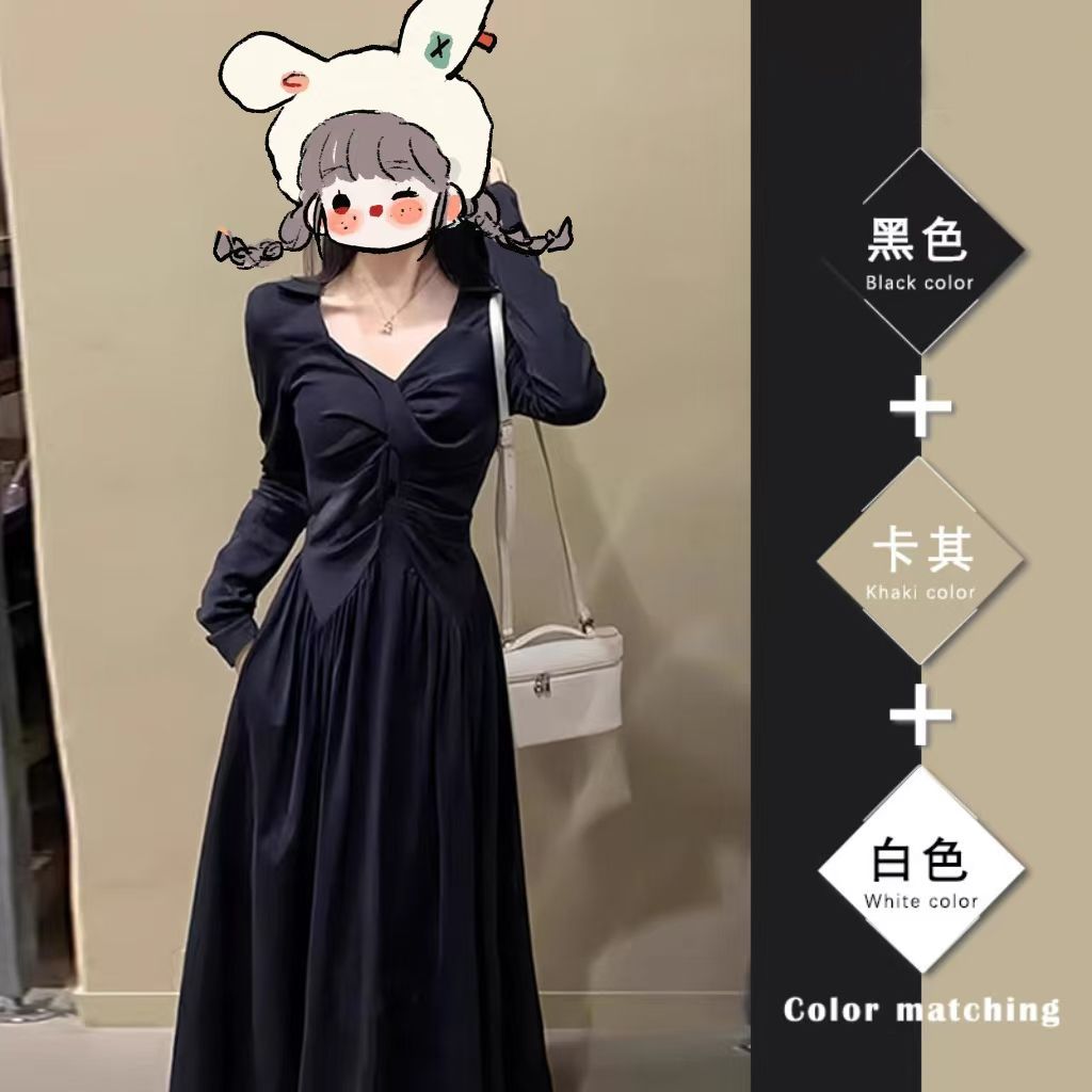 大码法式气质黑色连衣裙长裙加绒加厚秋冬新款收腰显瘦长袖打底裙