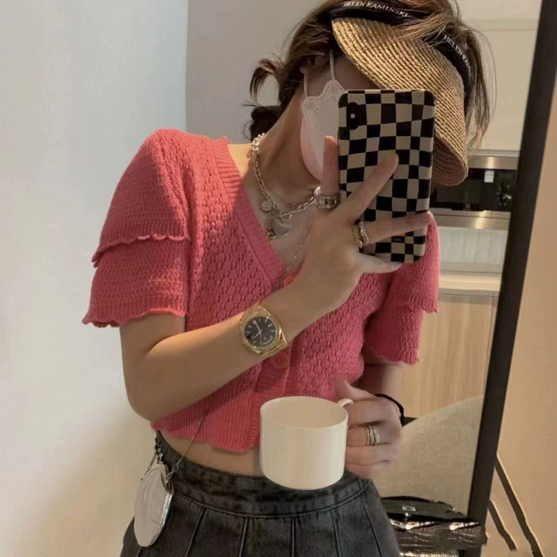 Тонкий кардиган, короткий вязаный свитер, puff sleeves, для подростков, с коротким рукавом, V-образный вырез, высокая талия