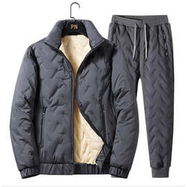 跨境冬季棉服套装男韩版大码棉服加厚羊羔绒保暖翻领拉链外套长裤