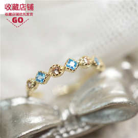 新款日系轻奢微镶海蓝锆石开口蓝色宝石戒指复古金色细圈食指女生