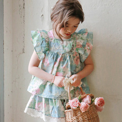 2024 Summer Strawberry Shan Korean Children's Clothing Children's Girls Chic Retro Flower Flared Sleeve Shirt 