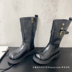 金属搭扣柳钉装饰儿童简约休闲风纯色款高筒小皮靴2025年冬款棉靴