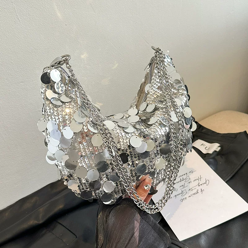 Shoulder Bag Sequin Moon Shape, Chain Strap, Metallic Sequins, 21×3×20 cm
