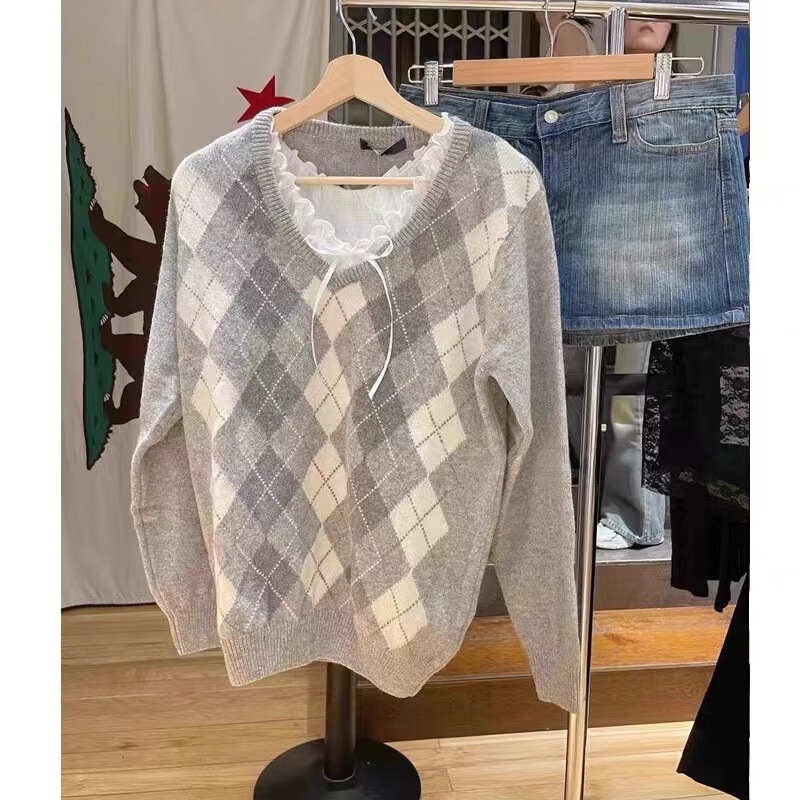 bm Style Autumn and Winter New Style Quilted v Neck Loose Knitwear bm Preppy Style versatile Pullover Knitwear for Women Trendy