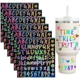 跨境现货1英寸diy水杯防水字母数字贴纸闪光不干胶彩色贴纸标签
