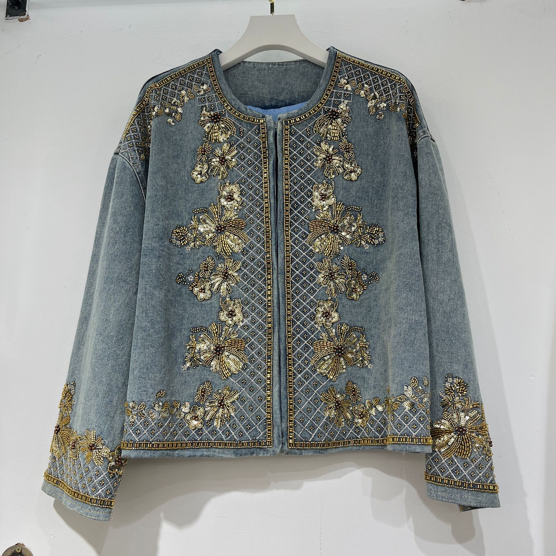 European-style new Chinese-style heavy beaded round-neck denim jacket for women, spring and autumn, high-end, slimming, loose-fitting top