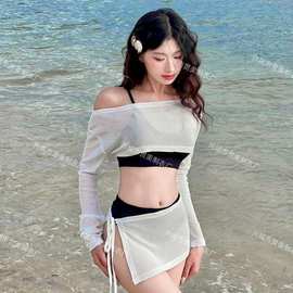 新款纯欲风黑白撞色长袖四件套分体泳衣女韩国运动款沙滩bikini