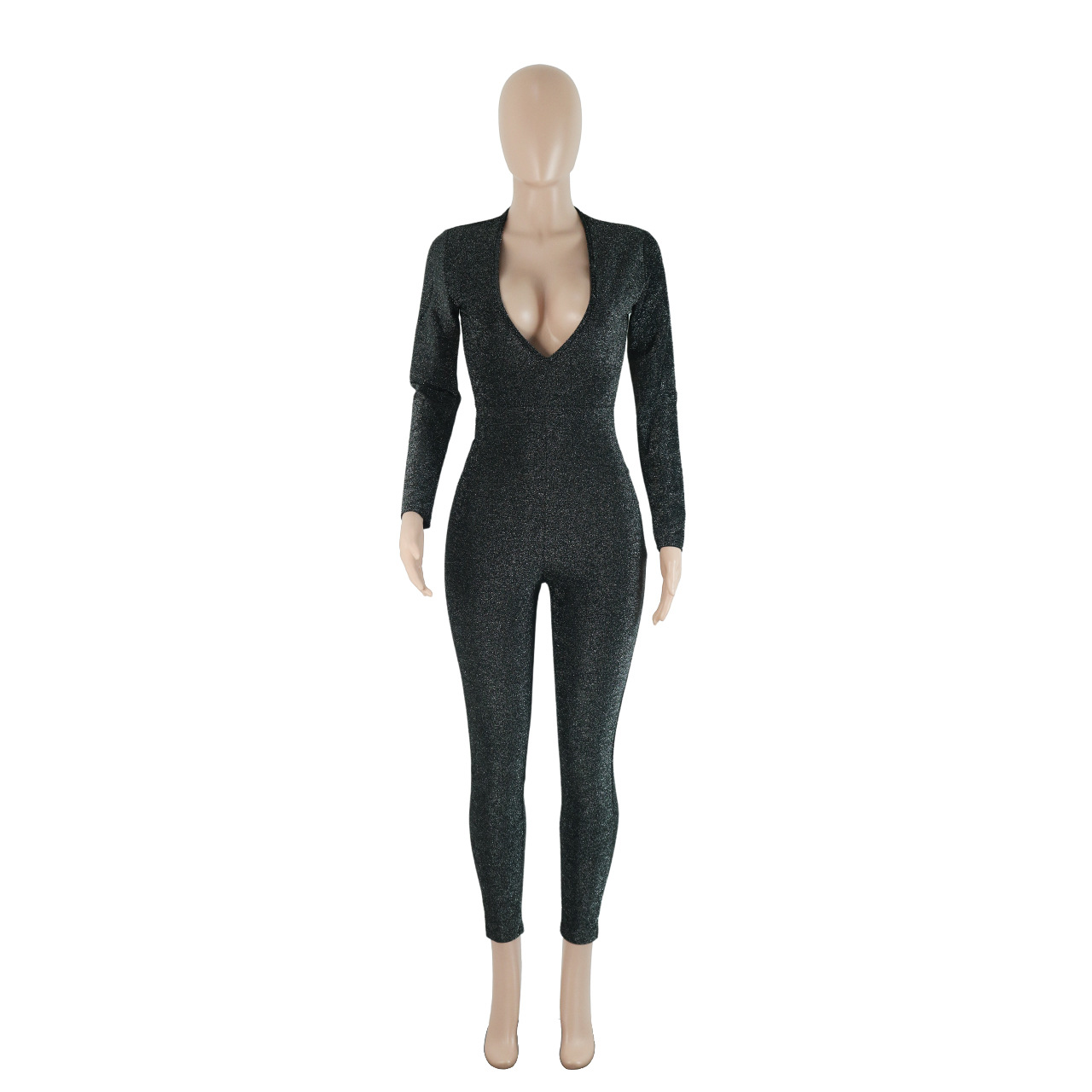 Women Clothing Eaby Deep V Plunge neck Night Club Bright Silk Slim Hollow Out Cutout Sexy Jumpsuit