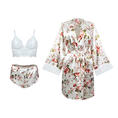 European and American-style long sexy plus-size pajamas for women, ice silk bathrobe, long-sleeved loungewear set, 389