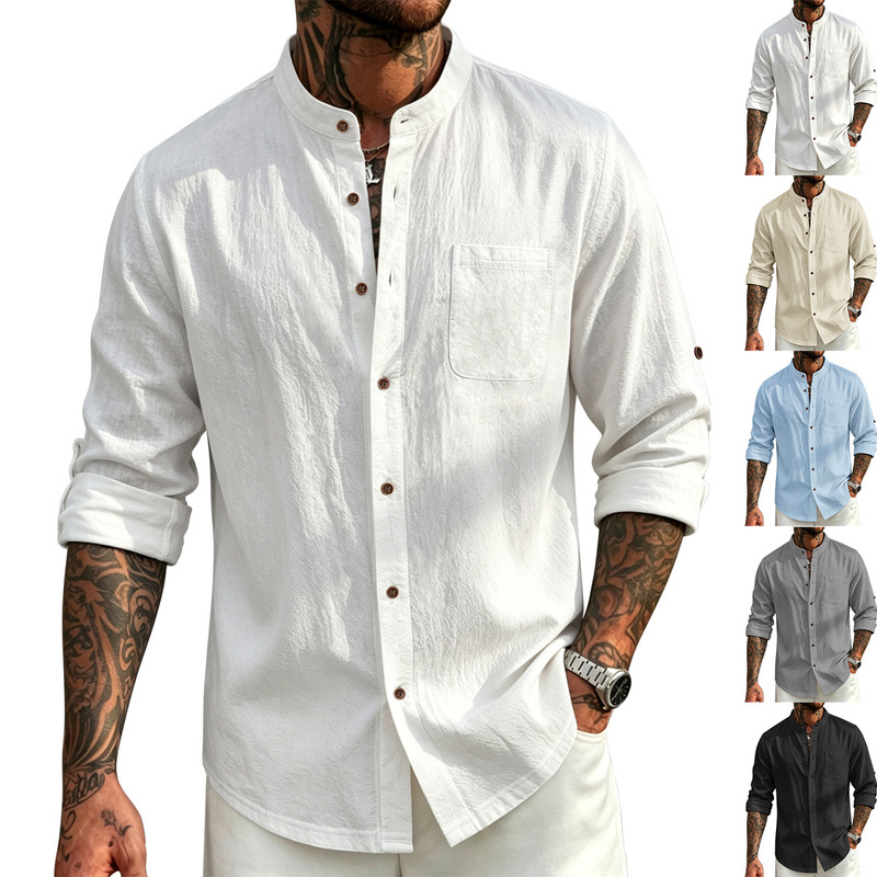 2026 Cross-Border Amazon American-Style Men's Hawaiian-Style Stand-Up Collar Breathable Linen Henley Collar Casual Long-Sleeved Shirt 2026 Cross-Border Amazon American-Style Men's Hawaiian-Style Stand-Up Collar Breathable Linen Henley Collar Casual Long-Sleeved Shirt