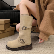 厚底圆头复古皮带扣黑色长筒靴女2025秋冬新款中高筒靴骑士靴女靴