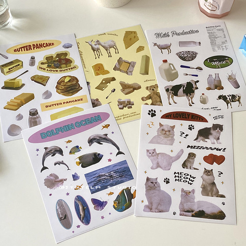 Cow butter cheese cat dolphin theme material pack decorative stickers INS style