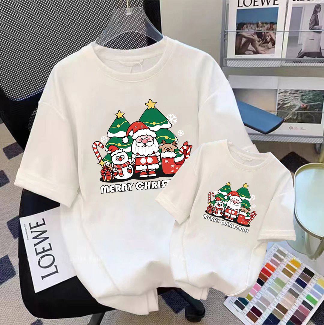 2025 New Year Family Short-Sleeved Family Outfit for a Family of Three or Four, Santa Claus Red Festive Mother-Daughter Outfit T-Shirt