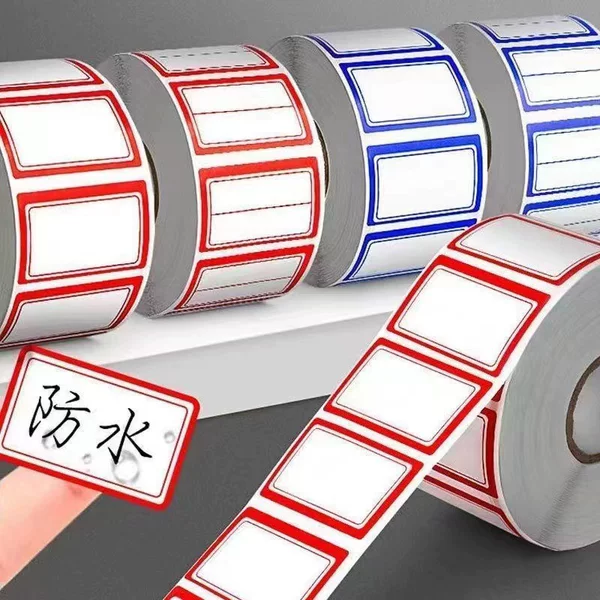 Waterproof Adhesive Labels with Red and Blue Frames for Handwritten Notes, Office Stationery Classification Stickers, 1000 Stickers Per Roll