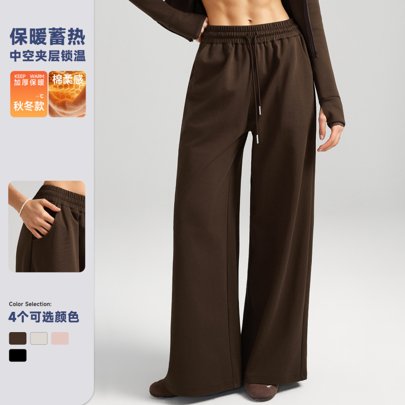Autumn and Winter Warm Loose-Fitting Thermal Sports Pants with Pockets, High-Waisted Wide-Leg Casual Versatile Trousers 62343