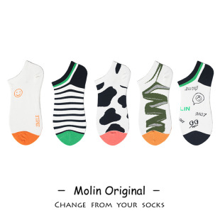 Mo Lin spring and summer new short socks trendy pattern striped cow spot color matching smiley face Korean style versatile men's and women's boat Socks
