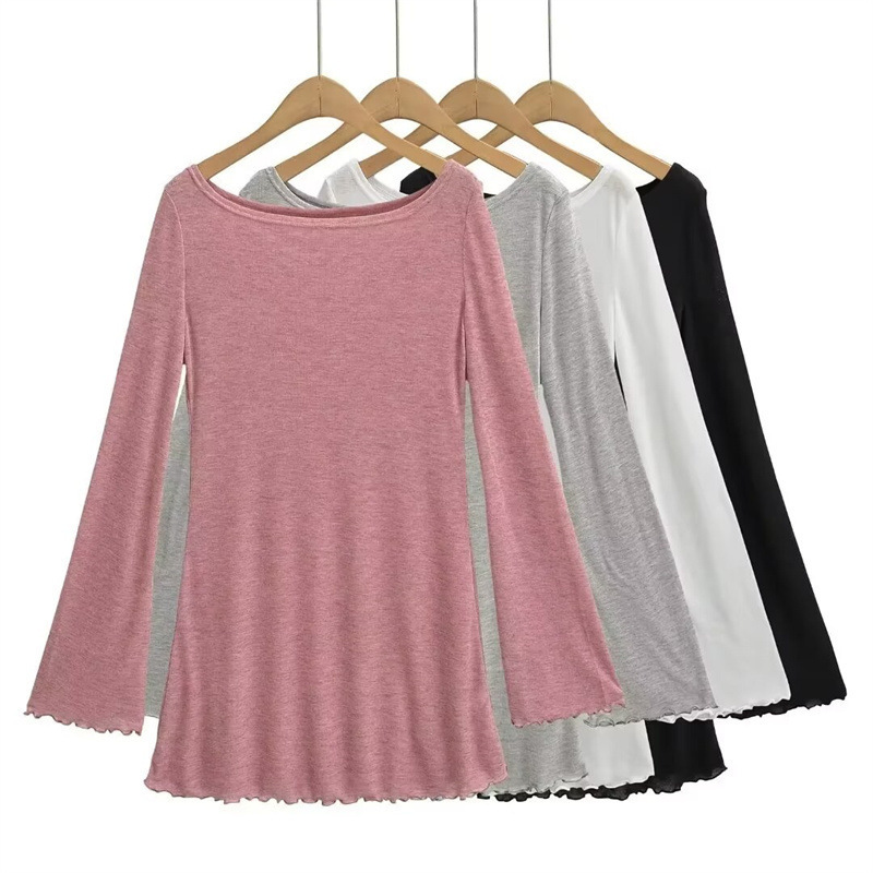 Atmospheric One-Shoulder Sheer Knit Dress for Women, Summer Solid Color Outerwear with Ruffled Long Sleeves and Short Skirt