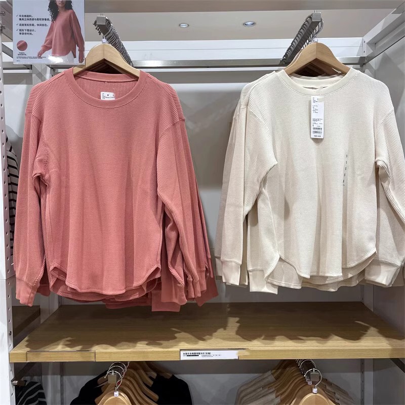 Japanese Single Women's Autumn Waffles Crewneck Pullover Curved Hem T-shirt Casual Long Sleeve Base Shirt M459786