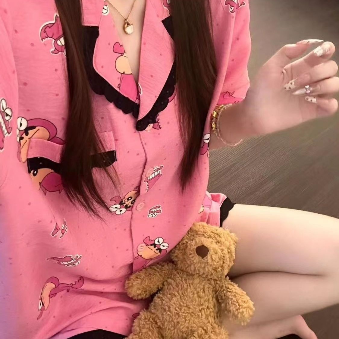 Venta al por mayor transfronteriza nube algodón verano nuevo estilo pijama coreano mujer dulce encaje crayón Shin-chan traje de servicio a domicilio
