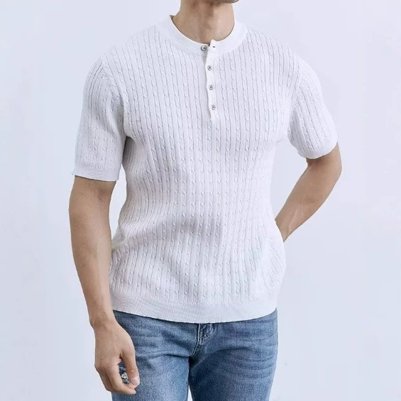 High-End, Mature Style Polo Shirt, American Niche Designer Men's Clothing, Knitted Henley Collar T-Shirt, Short-Sleeved, Cool and Stylish for Men