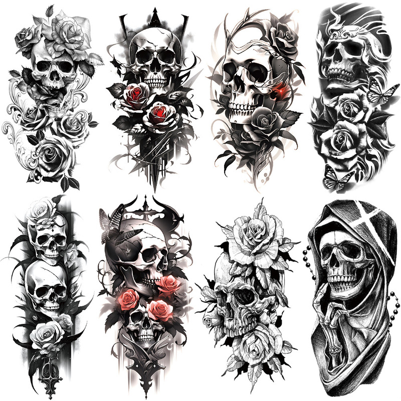 Small Full Arm Xqb Cross-Border Set of 8 Skull Water Transfer Temporary Disposable Party Fake Tattoo Stickers
