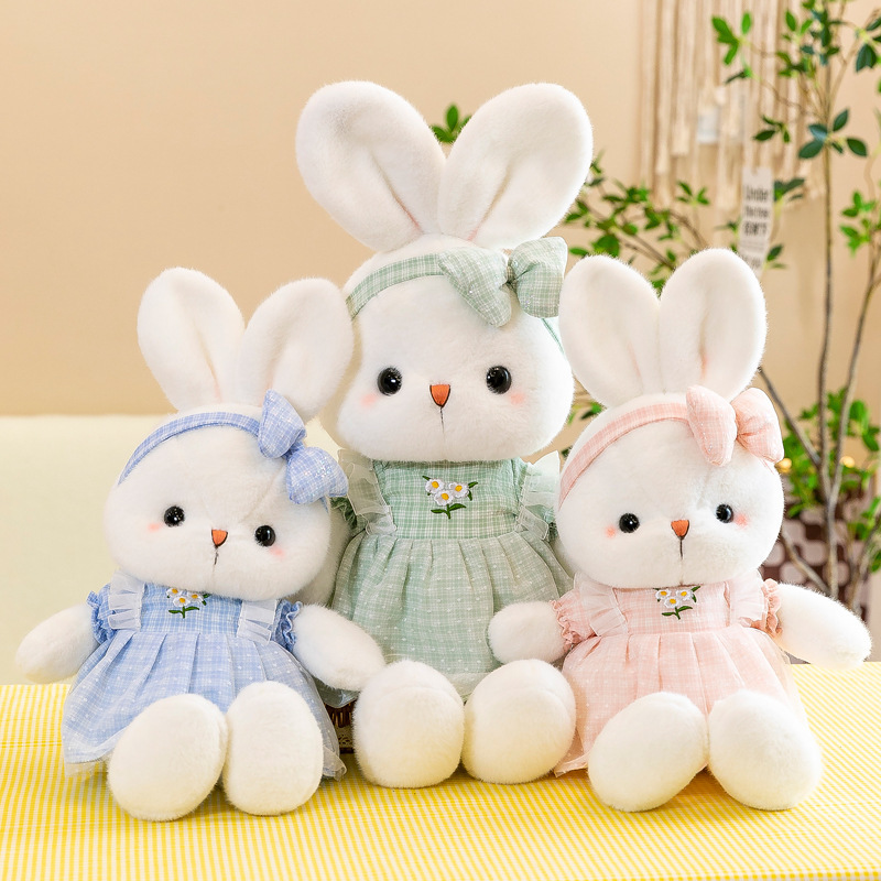 Margarita Plaid conejo de peluche de juguete lindo pequeño conejo blanco muñeca niños almohada muñeca agarrar máquina muñeca regalo al por mayor