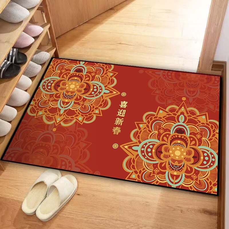 Welcome the New Year Crystal Velvet Floor Mat Entry Door Entrance Carpet New Year Festive Red Water-Absorbent Anti-Slip Home Furnishing