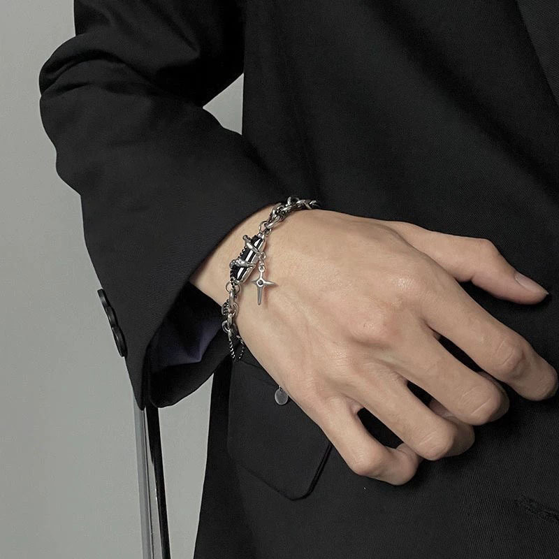 Black White Stone Star Mans Cross Bracelet Men's and Women's All-Match Ins Niche Design Light Luxury High-Level Couple Trendy Jewelry